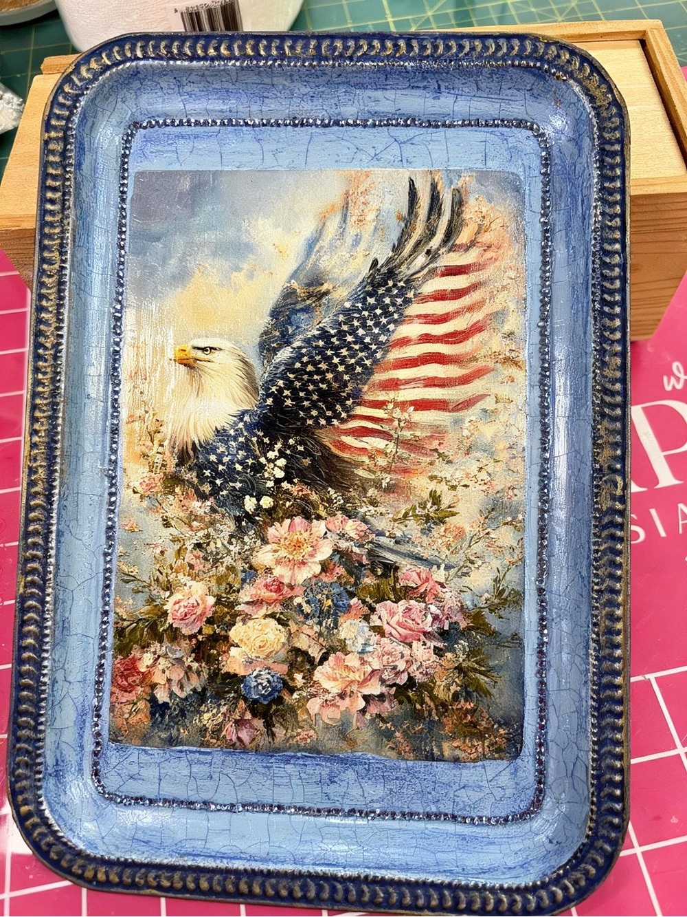 Patriotic Eagle Tray with Floral Motif - Blue